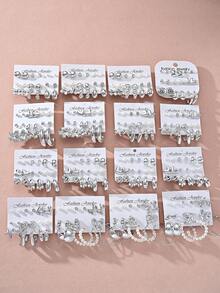 36 pièces Ensemble de boucles d'oreilles à la mode en argent léger en CCB, fleurs à 5 pétales lisses, gouttes d'eau, papillons, formes géométriques en C, cœurs enveloppés, faux perles, étoiles de mer. Convient pour le port quotidien des femmes, cadeau idéal pour les amis et la famille (styles aléatoires) - Argent - Voir 2