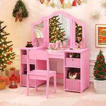 COSTWAY Kids Vanity Table & Chair Set, 2-In-1 Princess Pretend Play Makeup Vanity Set W/ 3 Removable Mirrors, 4 Storage Bins For Girls, Makeup Dressing Table & Chair Set With Mirror, Pink - Pink - View 3