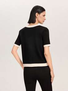Women's Contrast Color Short Sleeve Single-Breasted Knit Cardigan - Black and White - View 2