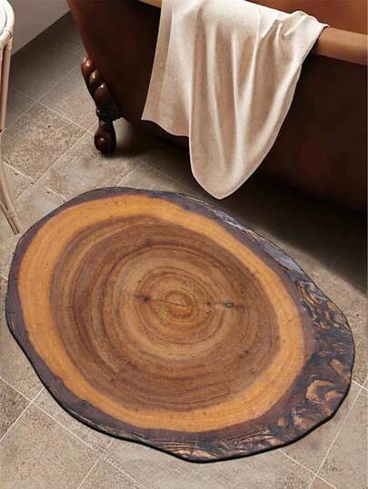 1pc Asymmetrical Oval Shaped Silica Gel Wood Slice Texture Bath Mat, Featuring Realistic Tree Rings And Bark-Like Edges, Natural And Rustic Style, Suitable For Kitchen, Bathroom, Entryway, Laundry Room, Bedroom, Living Room Decor