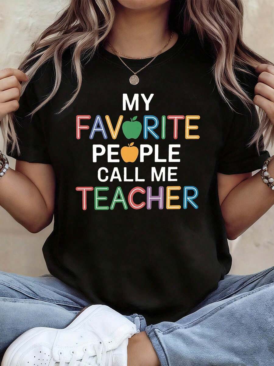 Women's T-Shirt With Colorful Apple Print, Teacher Theme | Teacher's Day Top, Vibrant And Warm Short-Sleeved Style, Everyday Street Vibe Tee, Casual Spring/Summer Wear - 黑色 - 查看 1