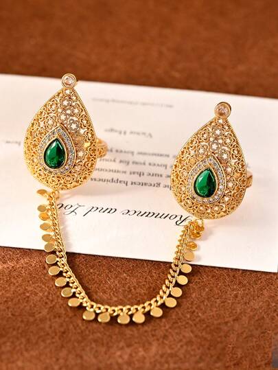 1 chiếc nhẫn đôi mạ vàng 24k cổ điển màu đỏ/xanh ngọc bích thiết kế hình giọt nước dành cho nữ, kèm dây chuyền hình đồng xu, trang sức kiểu Ả Rập, thích hợp cho tiệc cưới/trang sức cô dâu/quà tặng ngày lễ.