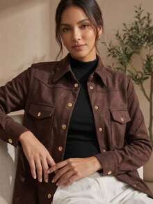 ACME MADE IN CHINA Premium Brown Suede Blouse/Shirt, Elegant Style, Gold Buttons, Chic Style, Winter , Sizes 36-44 - 咖啡店 - 查看 9