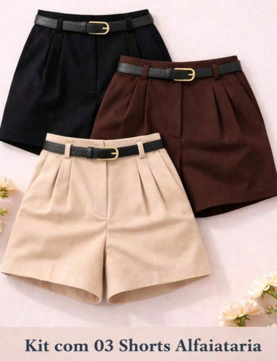 Set Of 3 Elegant Women's Tailored Shorts With Belt - 黑色/棕色/米色 - 查看 1