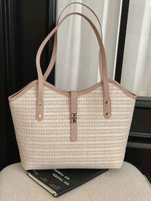 New Summer Straw Tote Bag For Women, Large Capacity French Woven Shoulder Bag, Beach Holiday & Commute Handbag - Khaki - View 7