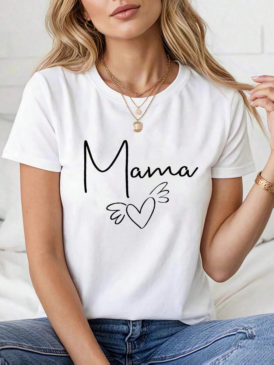 Camiseta del día de la madre para mujeres con cuello redondo, con un diseño amoroso con la palabra 'mamá' y alas del corazón, perfecta para celebrar el afecto familiar