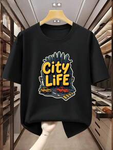 T-Shirt With Urban Life Theme, Cartoon Car Print And High-Rise Building. - Black - View 1