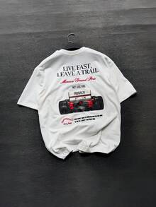 Camiseta Fractyr para hombres con patrón de doble cara, cuello redondo holgado, impresión digital, letras de eslogan, patrón de carreras, impresión delantera y trasera, motocicleta S - Blanco - Ver 4