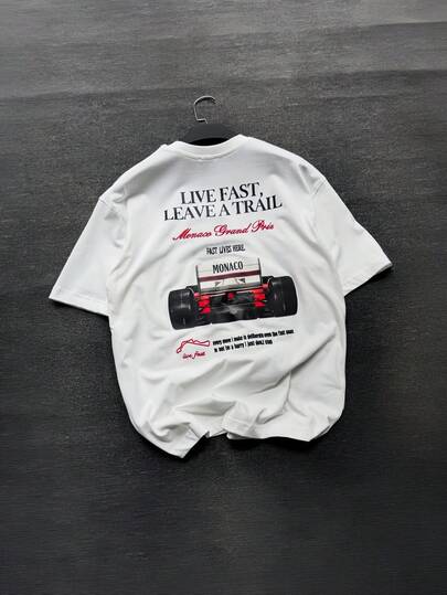 Fractyr Men's Two Sided Print Oversized Crew Neck T-Shirt Digital Print Slogan Lettering Racing Car Graphic Front And Back Motorcore Sporty Streetwear Soft Fabric Breathable Summer Top
