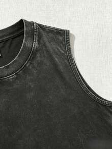 Men's Casual Summer Washed Cotton T-Shirt Old Row Outdoor Fish Print, Round Neck Short Sleeve Lightweight Knitted Fabric, Rib Details 100% Cotton - 黑色背心 - 查看 4