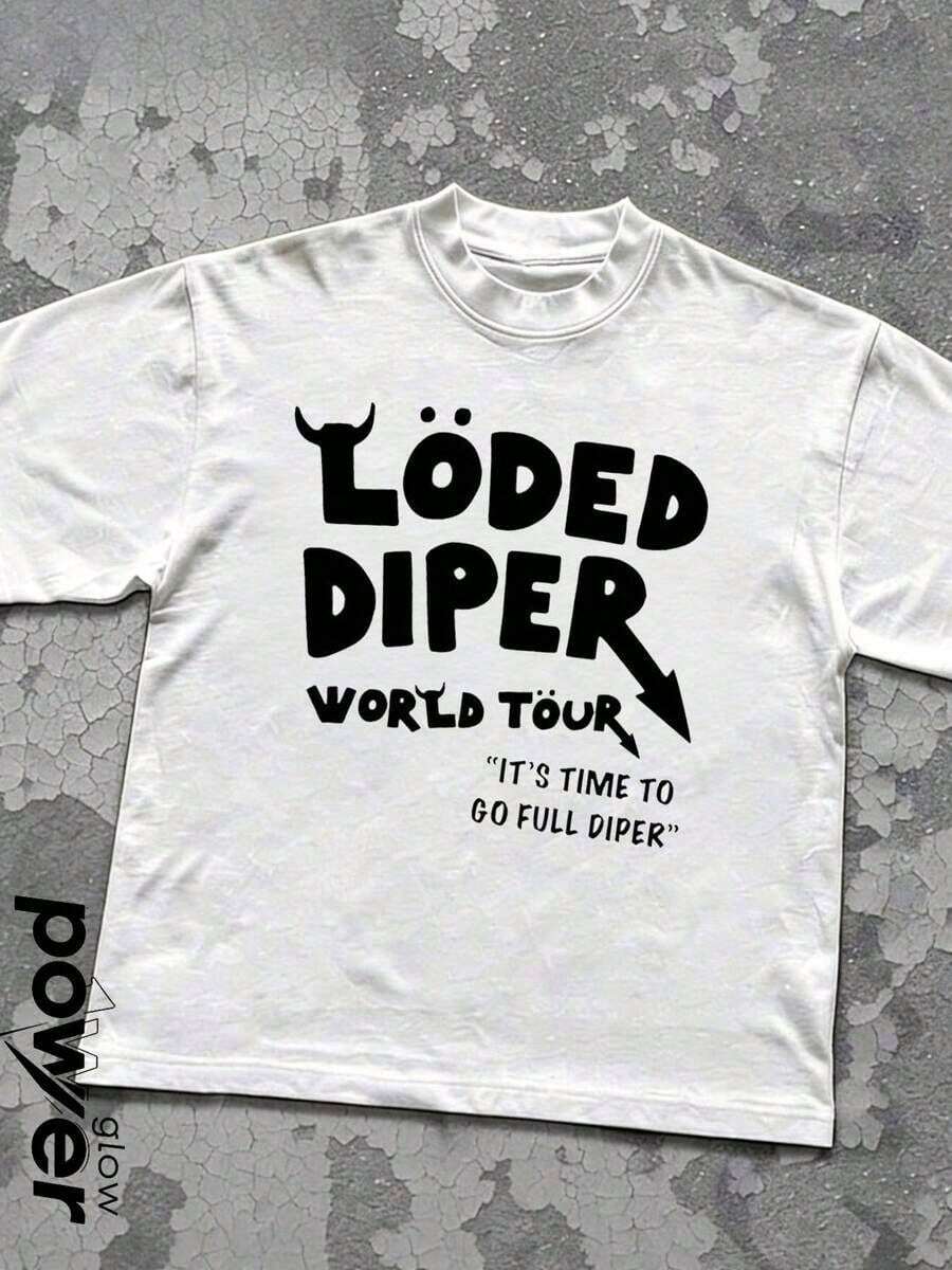 T-shirt en coton décontracté à motif imprimé  -verso LODED DIPER pour hommes, 100% coton, t-shirt col rond unisexe pour l'été - style de rue vintage unisexe, t-shirt ample en coton à manches - Blanc 2 - Voir 1