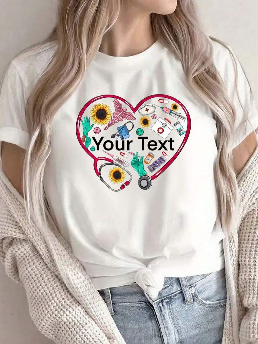 Women's Cute Valentine's Day Heart Print T-Shirt | Soft, Casual Round-Neck Top With A Floral Design, Suitable For Parties And Everyday Wear, Lightweight And Comfortable, Valentine's Day Women's Set - 白色 - 查看 1