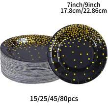 15/25/45/80 piezas Platos desechables de papel grueso a prueba de fugas de 7/9 pulgadas, con lunares negros y dorados, platos redondos de fácil limpieza, adecuados para bodas, cumpleaños, fiestas, graduaciones, Navidad, Acción de Gracias, Halloween, Ramadán, Pascua, campamentos - Estampado en caliente de lunares en negro - Ver 1