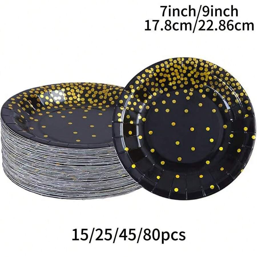 15/25/45/80 piezas Platos desechables de papel grueso a prueba de fugas de 7/9 pulgadas, con lunares negros y dorados, platos redondos de fácil limpieza, adecuados para bodas, cumpleaños, fiestas, graduaciones, Navidad, Acción de Gracias, Halloween, Ramadán, Pascua, campamentos - Estampado en caliente de lunares en negro - Ver 1