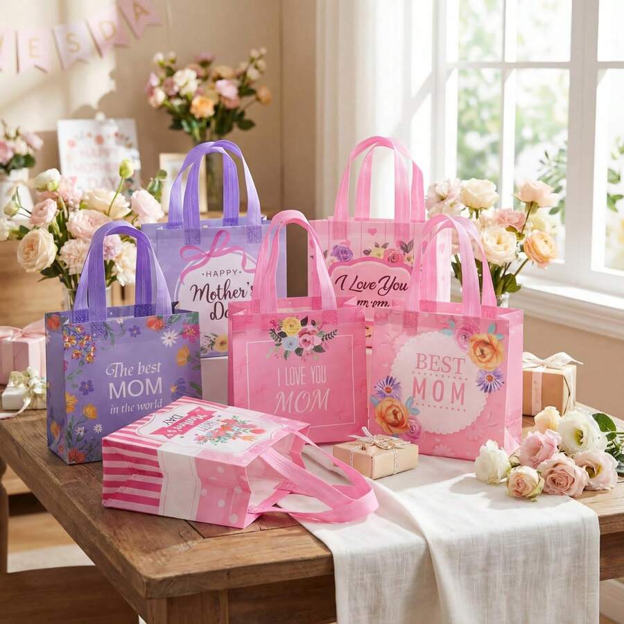 Túi quà Ngày của Mẹ, Túi đựng kẹo và đồ ăn nhẹ Ngày của Mẹ dùng cho tiệc sinh nhật, Túi quà Ngày của Mẹ dung tích lớn, vải không dệt họa tiết hoa, túi đựng kẹo chủ đề "Yêu Mẹ", bao bì trang trí tiệc chủ đề "Mẹ tuyệt vời nhất". Túi quà, vật tư đóng gói, màu hồng, màu tím.