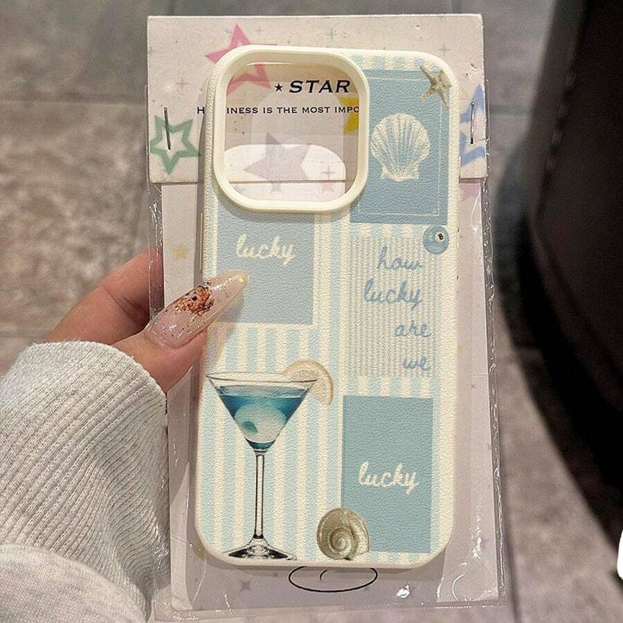 1pc TPU Material Refreshing Blue Striped Shell Cocktail Collage Pattern Phone Case Suitable For IPhone 17 Pro Max/17/16 Pro Max/15/13/12/11, S20 FE/A15/S24/A55, Note 11/Note 12/Note 13 Pro, Full Coverage Anti-Drop Soft Protective Phone Case - White - View 1