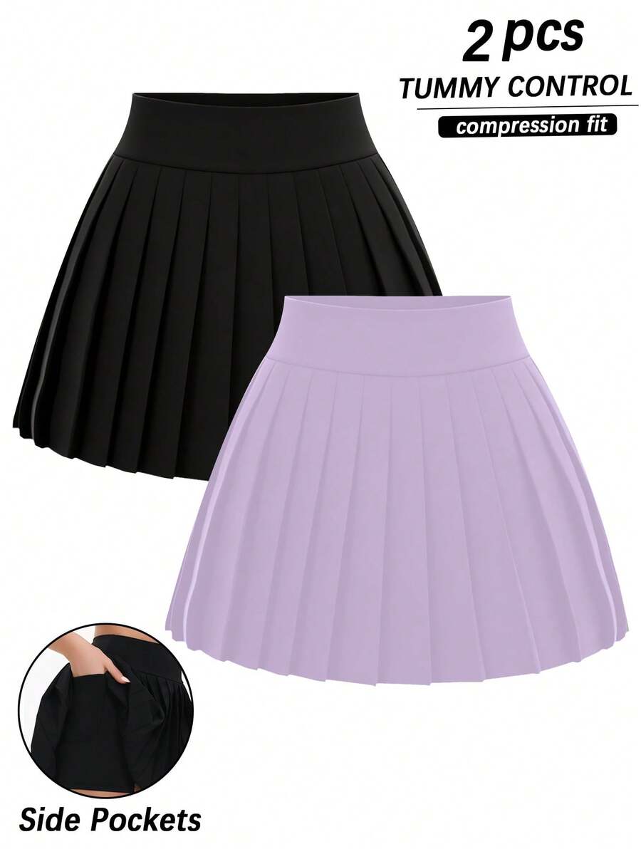 2-Piece Women's Summer Sports High Waisted Side Pocket Pleated Sports Skirt Tennis Skirt Sports Skirt - 彩色 - 查看 1