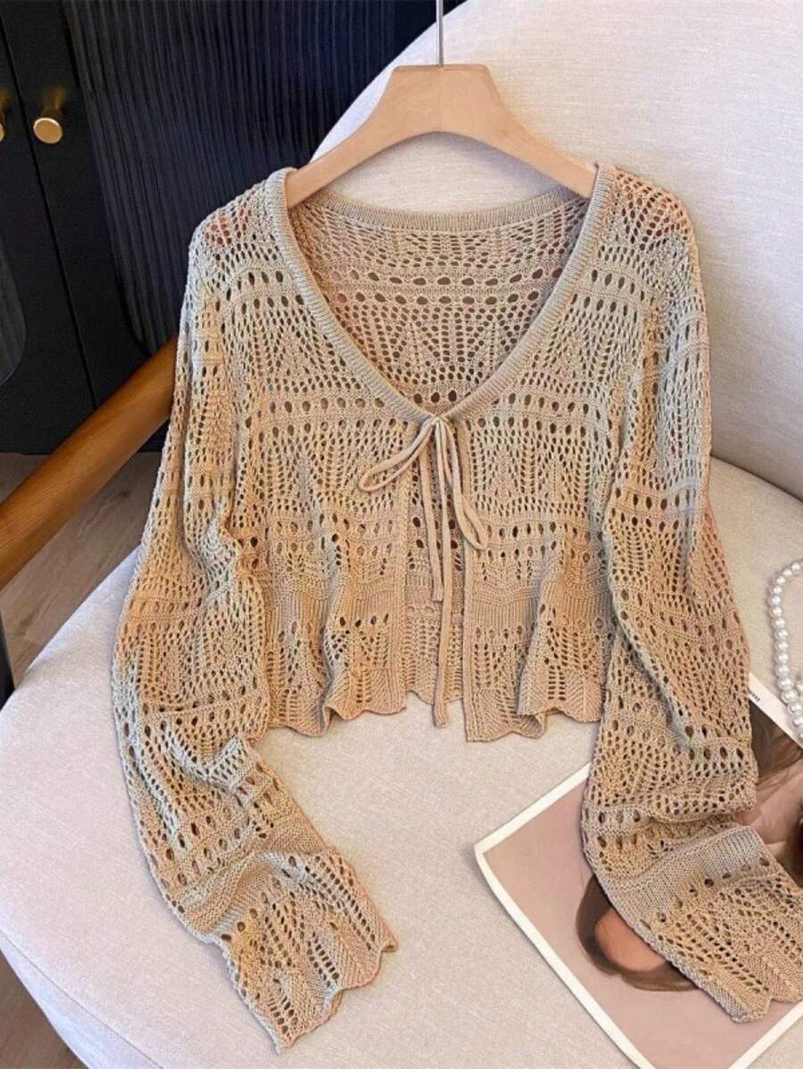 2026 New Sweet Style Sunscreen Cardigan, Hollow Crochet V-Neck With Ties, Short Long-Sleeve Top - 卡其色/ - 查看 1
