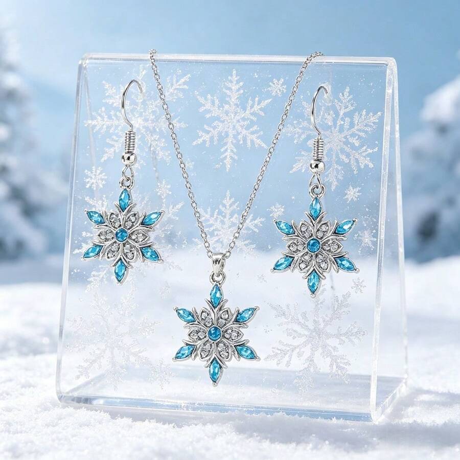 Turquoise Snowflake Faux Crystal Necklace And Earring Set, Rhinestone Embellished Unique Design Ice & Snow Theme Pendant Necklace And Earrings, Suitable For Women's Daily, Commute, Party Wear, Gift For Girlfriend/Family, Hypoallergenic Material, Festive Winter Accessory