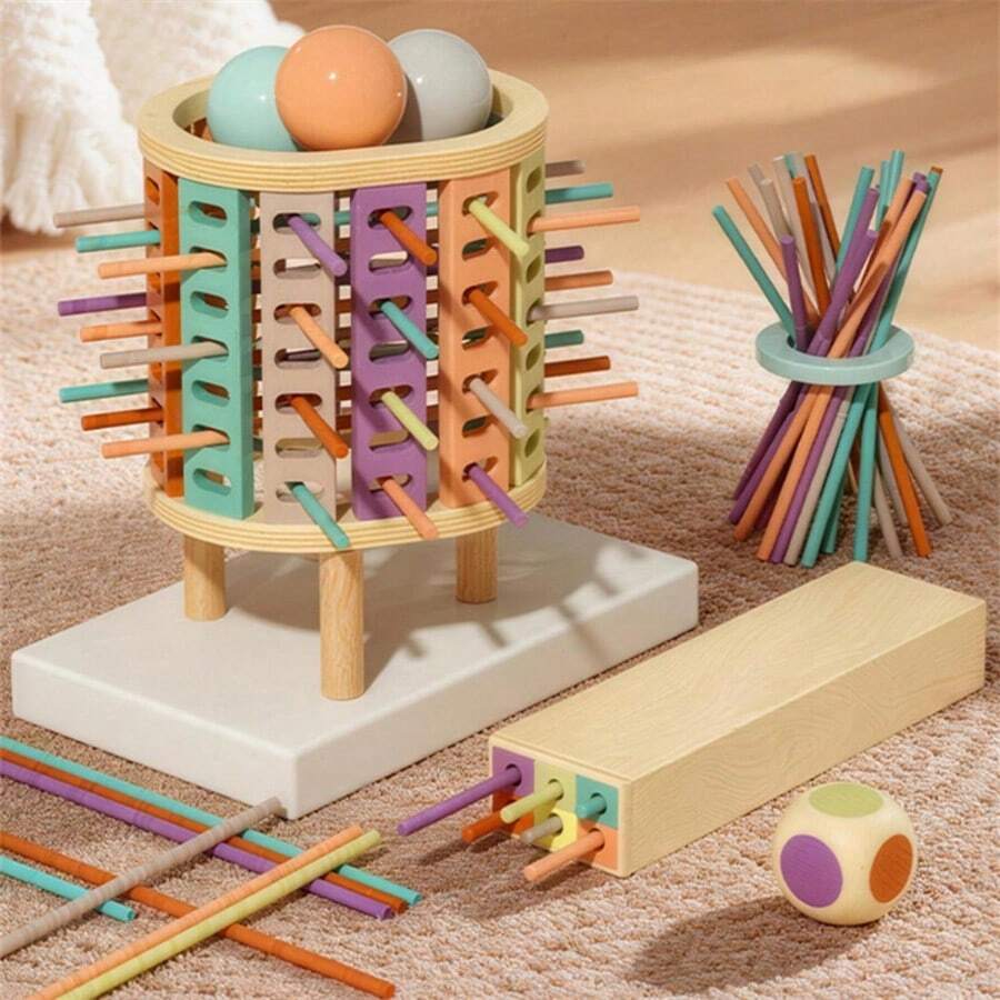 Wooden Parent-Child Interactive Board Game! 3-In-1 Stick Pulling Game, Dice Rolling Color Recognition, Exercises Focus And Balance, One Toy Multiple Ways To Play, Essential For Parent-Child Time, Enhances Cognition And Thinking Puzzle Toy Set - 抽棍遊戲 - 查看 1
