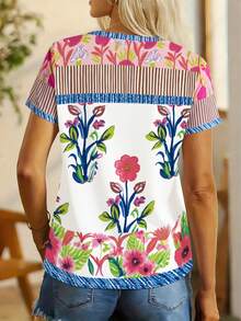 Áo thun nữ tay ngắn cổ chữ V in hoa phong cách Bohemian, trang phục thường ngày cho kỳ nghỉ hè. - Màu xám đen - Xem 2