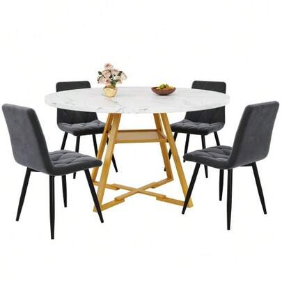 Dining Set (5 Pieces), 120x120x75 Cm Round Dining Table With 4 Chairs, Round Coffee Table For 4-6 People, Grey Velvet Chairs.