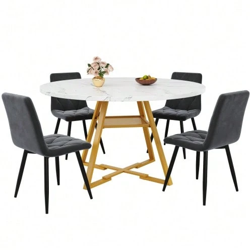 Dining Set (5 Pieces), 120x120x75 Cm Round Dining Table With 4 Chairs, Round Coffee Table For 4-6 People, Grey Velvet Chairs. - White - View 1