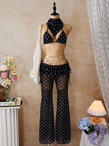 PJ4K Conjunto de bikini primavera/verano 2026 para mujer, conjunto de bikini de lunares blanco y negro estilo vintage francés combinado con pantalones de malla de pierna ancha sexy y elegante, accesorio de pañuelo de cabeza a la moda, conjunto de playa y traje de baño para mujer, adecuado para vacaciones en la playa y fiestas en la piscina - Negro - Ver 2