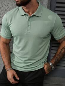 Camisa polo de manga corta para hombre de unicolor, estilo casual para uso diario, viajes al aire libre y trabajo, regalo perfecto para novio o esposo - Verde - Ver 2