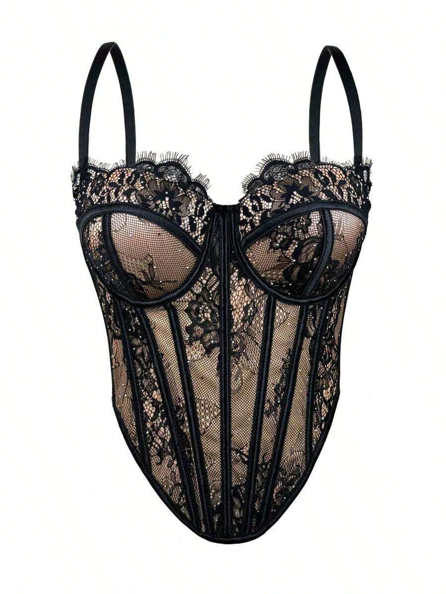 Corsé de encaje negro con adorno floral, prenda moldeadora casual de verano para mujer - Negro 3 - Ver 1