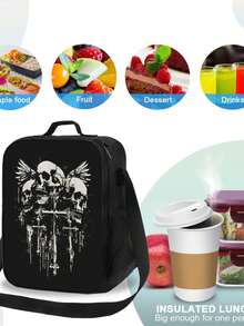 Skull Cross Y2K Goth Alt GrungeTheme Lunch Box - Thermal Insulated Lunch Bag, Oxford Cloth Reusable Cooler Tote, Durable Lunch Box Carrier With Mesh Pocket For Work, Office, Picnic & Everyday Commute - màu đen - Xem 3