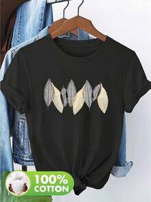 layera Holgada con Diseño de Hojas Metálicas, 100% Algodón, Ideal para Calor, Manga Corta Transpirable para Verano en México - Negro - Ver 2