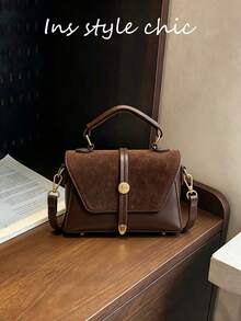 新款时尚经典金属扣装饰可调节肩带方形斜挎包，酒红色翻盖设计，适合户外运动、通勤、购物、校园及短途旅行 - 咖啡棕 - 查看 2