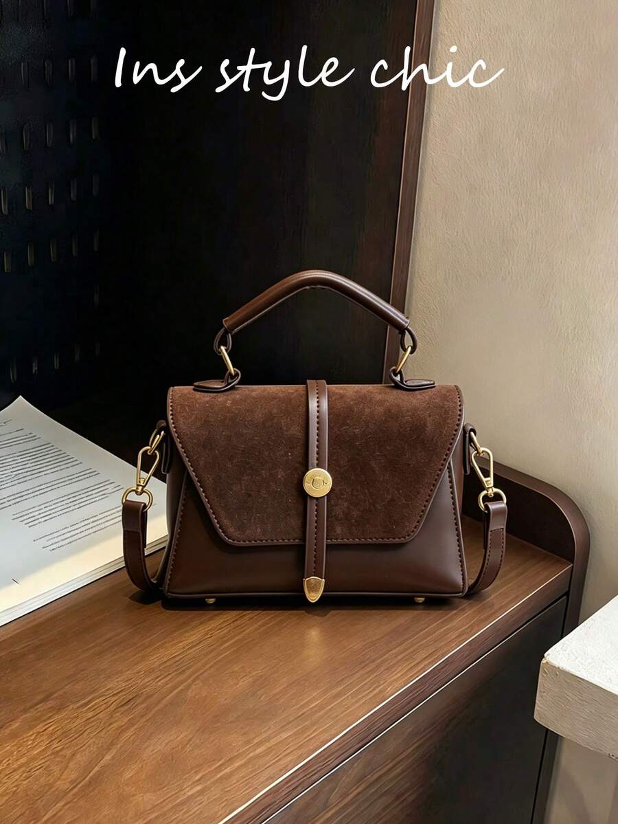 新款时尚经典金属扣装饰可调节肩带方形斜挎包，酒红色翻盖设计，适合户外运动、通勤、购物、校园及短途旅行