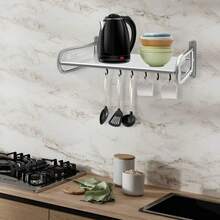 Doppelstöckiges wandmontiertes Mikrowellen-Regal mit Haken, aus Edelstahl gefertigt. Dieses verstellbare Gewürzregal eignet sich für Öfen, Toaster und Geschirr. - Silber - Übersicht 6