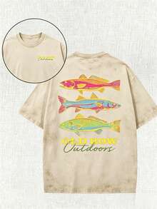 Men's Casual Summer Washed Cotton T-Shirt Old Row Outdoor Fish Print, Round Neck Short Sleeve Lightweight Knitted Fabric, Rib Details 100% Cotton - 米色 - 查看 5
