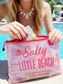 防水時尚沙灘包，印有「Salty Little Beach」海洋波浪圖案。大容量透明化妝包，尼龍拉鍊，輕巧，春/夏防曬收納，適合游泳、沙灘、潛水和夏季度假，學生返校，送給朋友、家人、閨蜜、同學的禮物。生日、節日、派對、婚禮（伴娘）、教師節的完美禮物和紀念品。郵輪必備，畢業、暑假、返校、開學禮物 - 彩色 - 查看 3