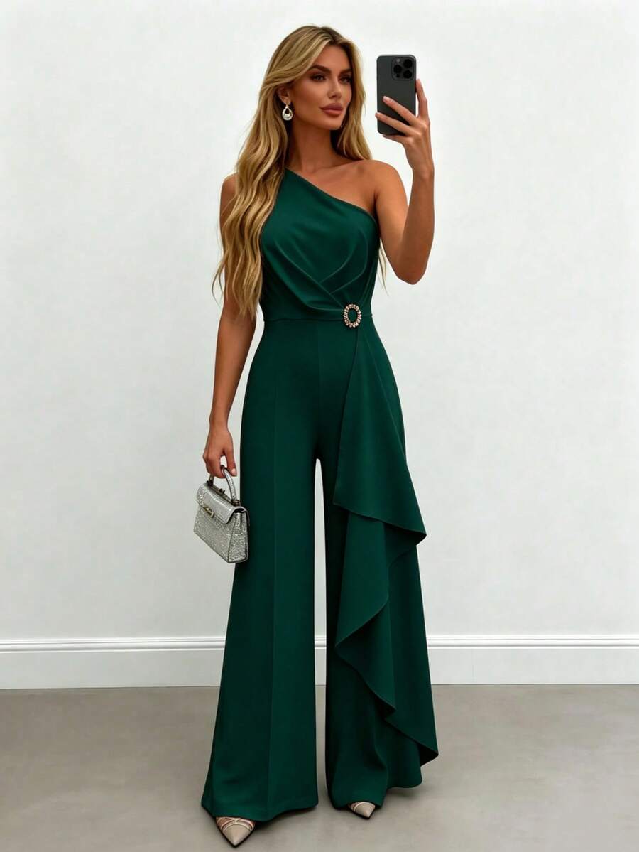 Women's Solid Color Ruffled Shoulder Jumpsuit, Suitable For Daily Wear And Parties, Spring/Summer - Dark Green - View 1