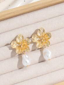 1 Đôi bông tai dáng dài kiểu Pháp cổ điển, đính hoa vàng và ngọc trai giả, kiểu dáng thanh lịch, đa năng, thích hợp cho nữ. - Vàng - Xem 2