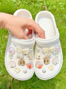 20pcs Gold Ocean Series Shoe Charms, Shell, Starfish, Bow DIY Accessories, Series Charm Set, Suitable For Perforated Slippers - White Gold - View 3