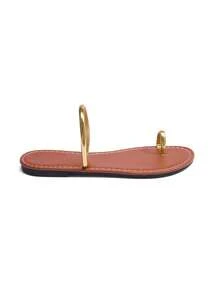 Women's Elegant Striped Toe Loop Flat Sandals, Stylish & Fashionable Gold, Summer - Gold - View 5
