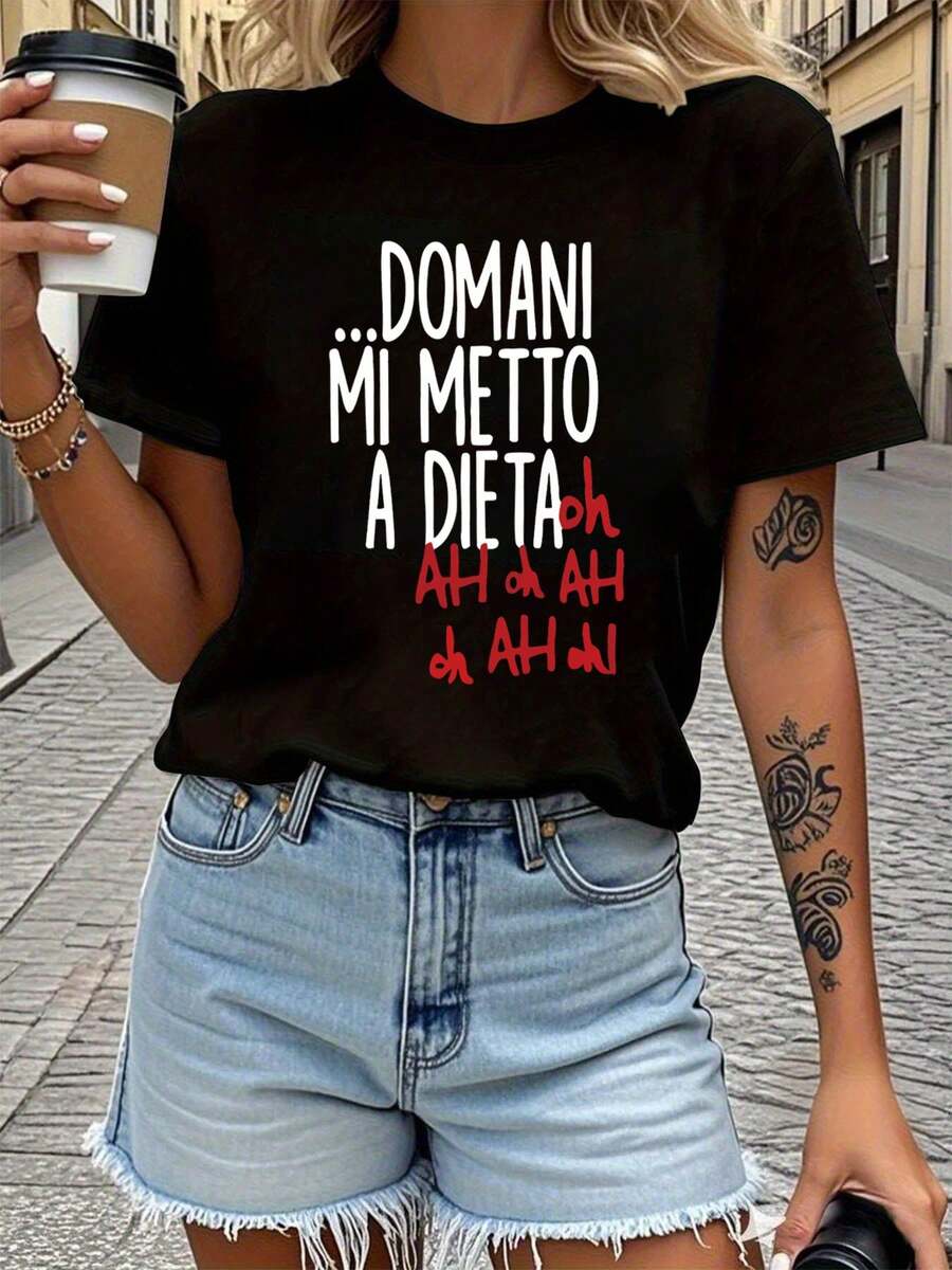 Camiseta italiana de mujer "Domani Mi Metto A Dieta" - frase italiana letras manga corta cuello de la tripulación, vestido de la blusa de verano de primavera informal adecuado para fiestas, regalos, traje informal, ropa de idioma italiano