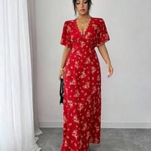 Women's V-Neck Puff Sleeve Cinched Waist A-Line Floral Print Casual Vacation Dress, Suitable For Travel, Beach, Summer, Multiple Colors - Rojo - Ver 8