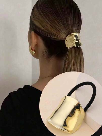 1pc Gold/Silver Wavy Cloud Textured Scrunchie, Metallic Feeling Hair Tie For Low Ponytail, Hair Accessory