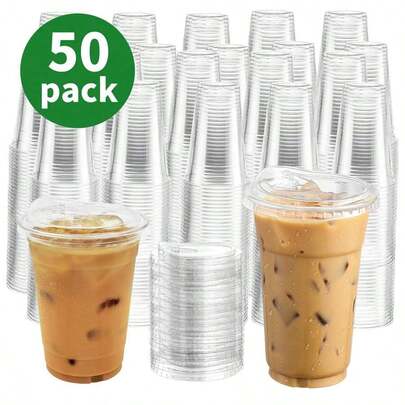 10/30/50pcs Iced Coffee Cups With Lids, Transparent Plastic Cups With No Straw Covers, Round Bottom Portable Cups Suitable For Iced Coffee, Juice, Smoothie, Cold Drinks