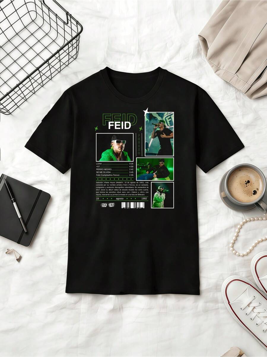 Colombian Reggaeton Singer Feid Green Tone Retro Poster Fan Cotton Summer Short Sleeve T-Shirt - Black - View 1