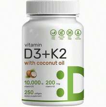 Vitamin D3 + K2 With Coconut Oil, 10000 I U D3 & 200 Mcg K2, Supports Bone & Immune Health, 250 Softgels - 1pc - 查看 6