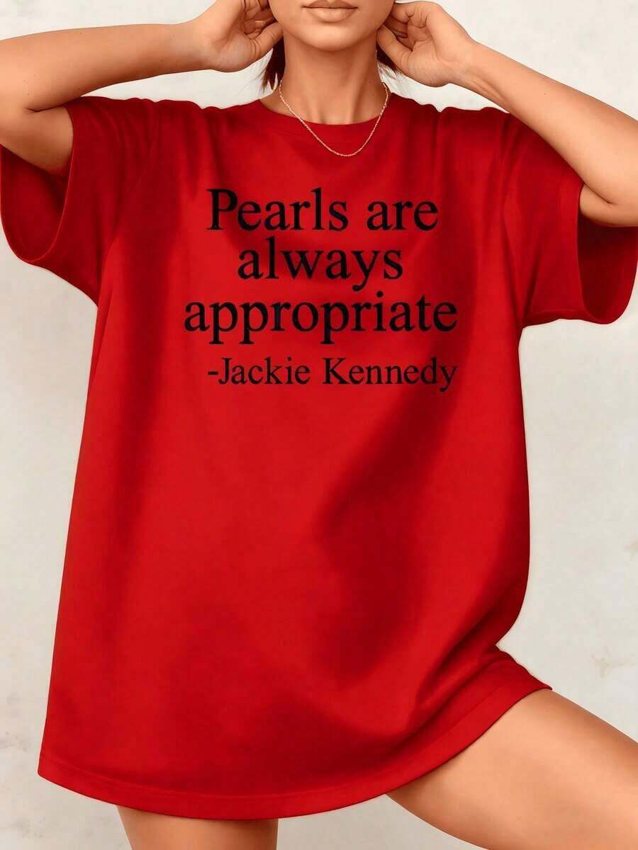 Women's T-Shirt With Pearl Graphic Print, Slogan, 100% Cotton, Crew Neck, Classic Casual Style, 1 Piece. Excellent Gifts For Friends And Family - Unisex Short Sleeve T-Shirt, Crew Neck, Loose Cotton, Vintage Urban Style. - 紅色 - 查看 1