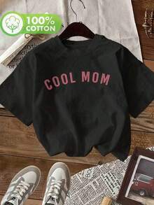 1 pieza de camiseta de mujer para primavera y verano, casual, a la moda, estilo caricatura, con estampado "COOL MOM", cuello redondo, manga corta, 100% algodón, R0CW180g. - Blanco - Ver 8