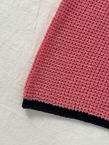 Top casual y elegante de punto con escote en V y diseño calado, de manga corta, con diseño calado, alta elasticidad y estilo bohemio para el verano - Rosa coral - Ver 8